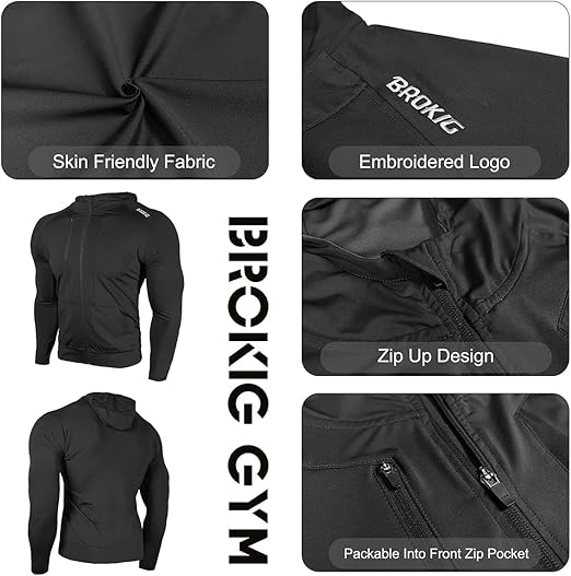 BROKIG Mens Zip Hoodies, Lightweight Sweatshirts Gym Running Jumper Jackets with Pockets