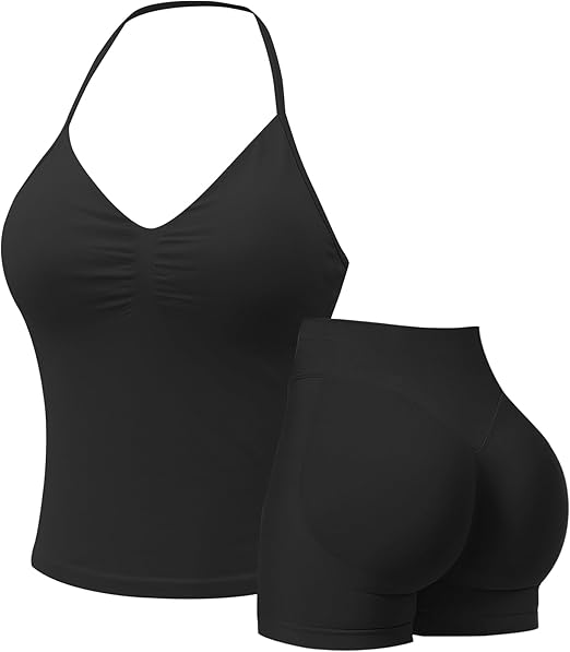 Seamless Gym Sets for Women 2 Piece Longline Strappy Top Sports Bras Hidden Scrunch Shorts Yoga Outfits Activewear Tracksuit