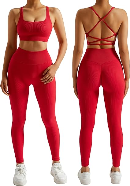 RXRXCOCO Ribbed Gym Sets for Women 2 Piece Tummy Control Workout Set Seamless Sports Outfit Activewear Sets
