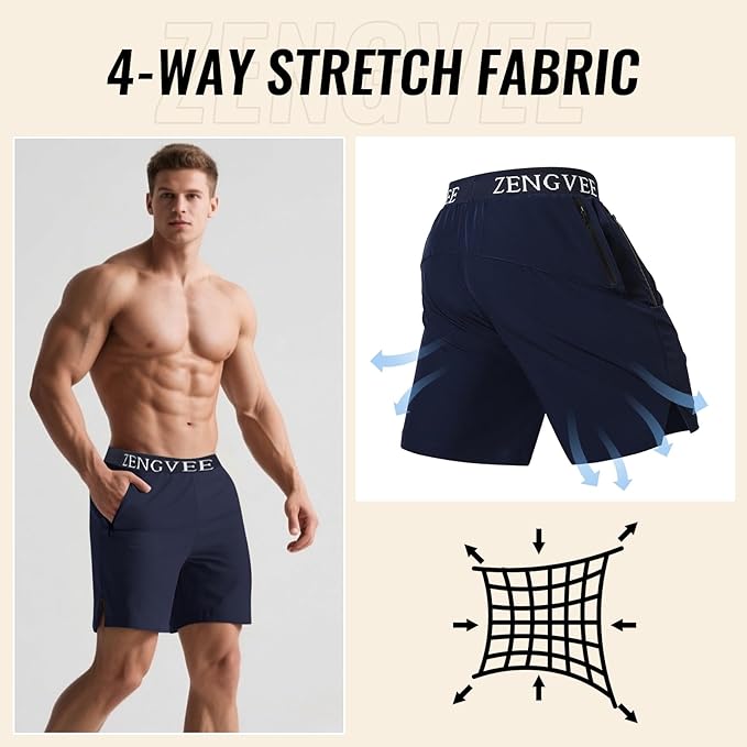 Mens Gym Running Shorts Athletic Men with Zip Pockets
