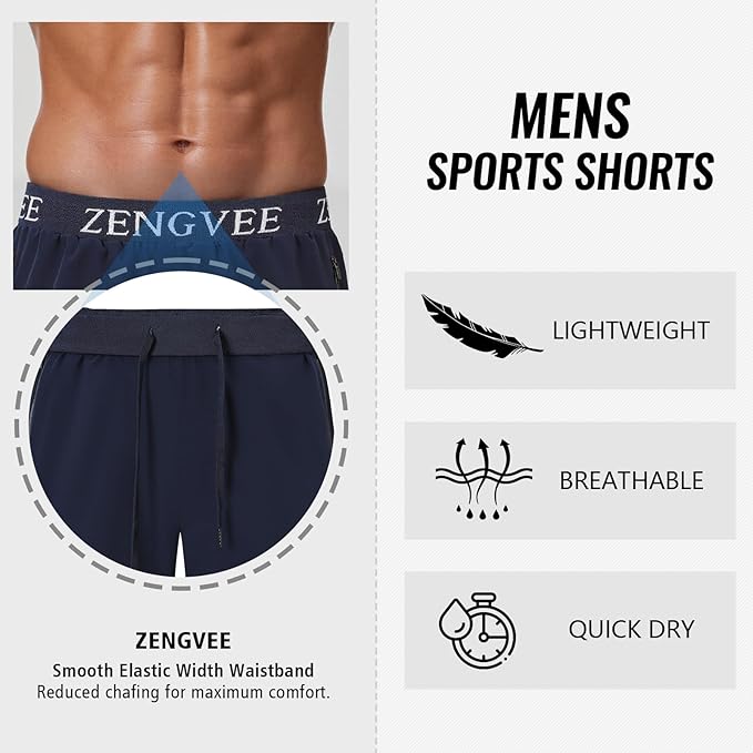 Mens Gym Running Shorts Athletic Men with Zip Pockets