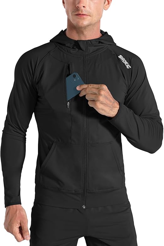 BROKIG Mens Zip Hoodies, Lightweight Sweatshirts Gym Running Jumper Jackets with Pockets