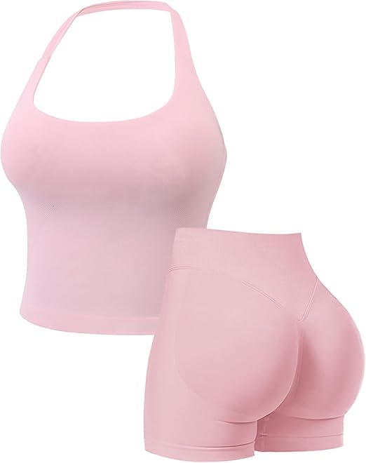 Womens Workout Sets Gym Outfits 2 Pieces Seamless Longline Halter Backless Crop Top Scrunch Bums Shorts Yoga Tracksuit