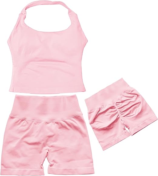 Womens Workout Sets Gym Outfits 2 Pieces Seamless Longline Halter Backless Crop Top Scrunch Bums Shorts Yoga Tracksuit