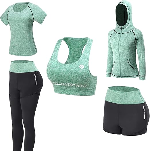JULY'S SONG Women Workout Clothes Upgraded 5 Piece Yoga Suit Sportsuits Running Jogging Gym