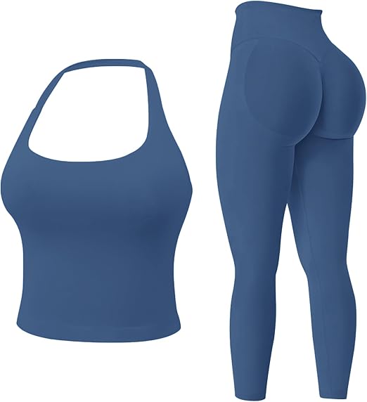 MAYROUND Womens Workout Sets Gym Outfits 2 Pieces Seamless Longline Halter Backless Crop Top Hidden Scrunch Leggings Yoga Tracksuit