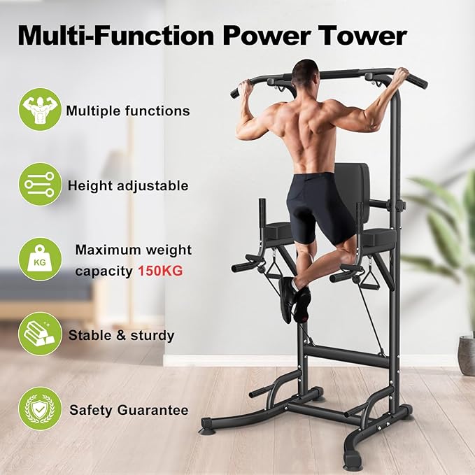 Dskeuzeew Power Tower Dip Station Pull Up Bar, Adjustable Height Multi-Function Power Tower