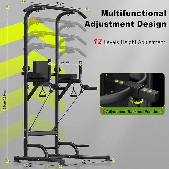 Dskeuzeew Power Tower Dip Station Pull Up Bar, Adjustable Height Multi-Function Power Tower