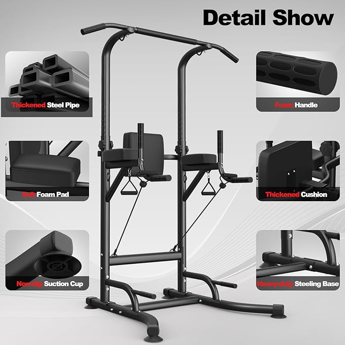 Dskeuzeew Power Tower Dip Station Pull Up Bar, Adjustable Height Multi-Function Power Tower